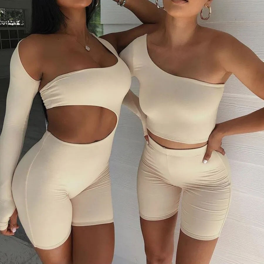 Summer Autumn Women  Fitness Jumpsuit One Shoulder Skinny