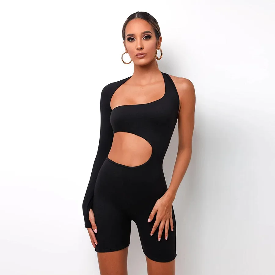 Summer Autumn Women  Fitness Jumpsuit One Shoulder Skinny