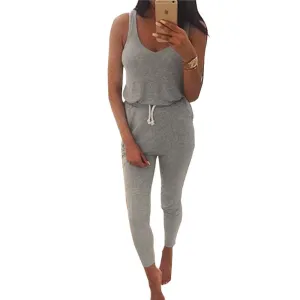 Summer Low Cut Rompers Womens Jumpsuit Black Elastic Waist Sleeveless Long Pants Playsuit Strap Pocket Overalls