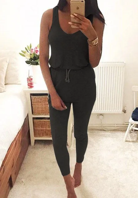 Summer Low Cut Rompers Womens Jumpsuit Black Elastic Waist Sleeveless Long Pants Playsuit Strap Pocket Overalls