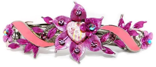 Swarovski  Crystals Purple with Pink Flower Automatic Barrette