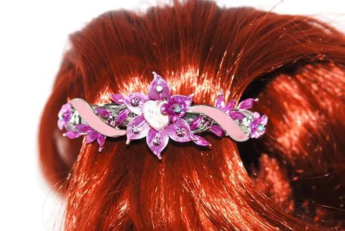 Swarovski  Crystals Purple with Pink Flower Automatic Barrette