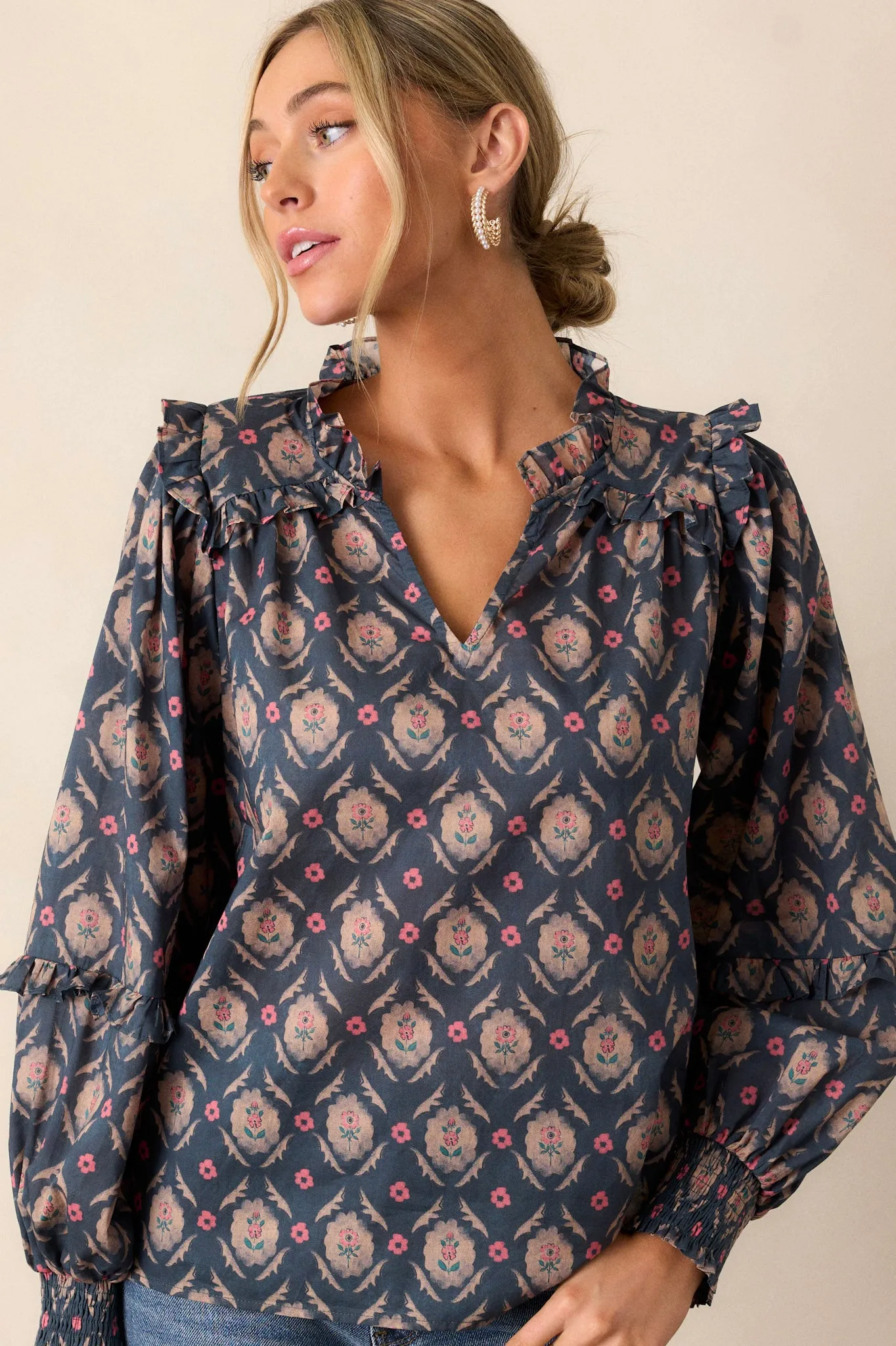 Talk To Me 100% Cotton Dark Teal Floral Ruffle Top