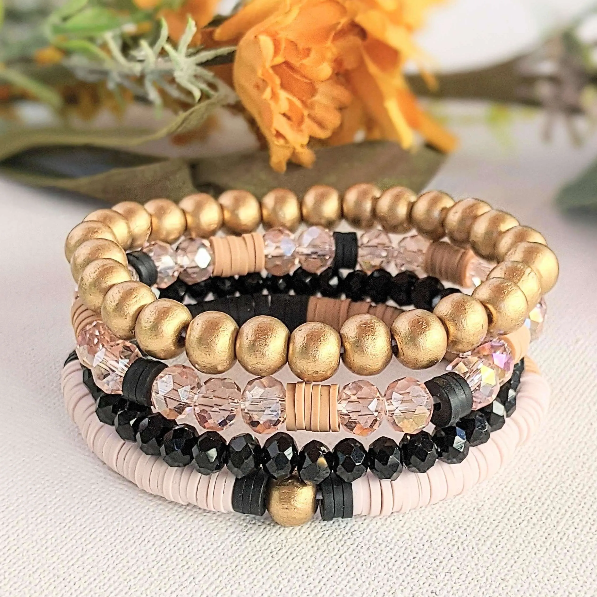 Tan & Black Stretch Bracelet Stack