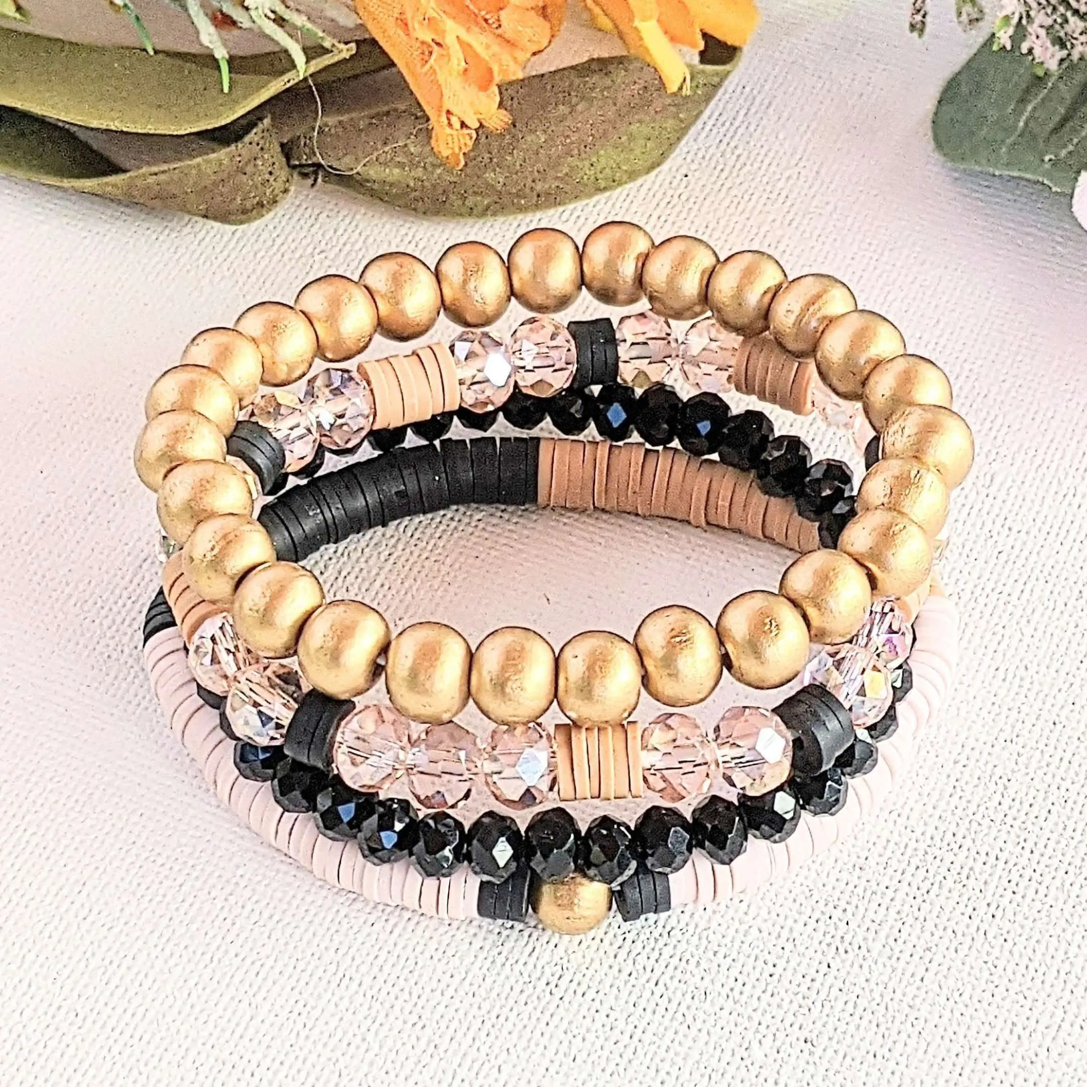 Tan & Black Stretch Bracelet Stack
