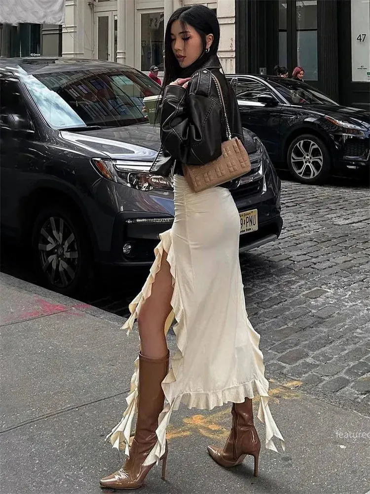 Tassel Summer Female Long Skirt Ruffled High Waist Broken High Split Fashion Pleated Sexy Solid Patchwork Maxi Skirt