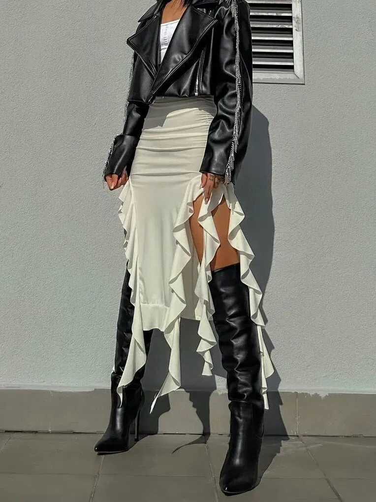 Tassel Summer Female Long Skirt Ruffled High Waist Broken High Split Fashion Pleated Sexy Solid Patchwork Maxi Skirt