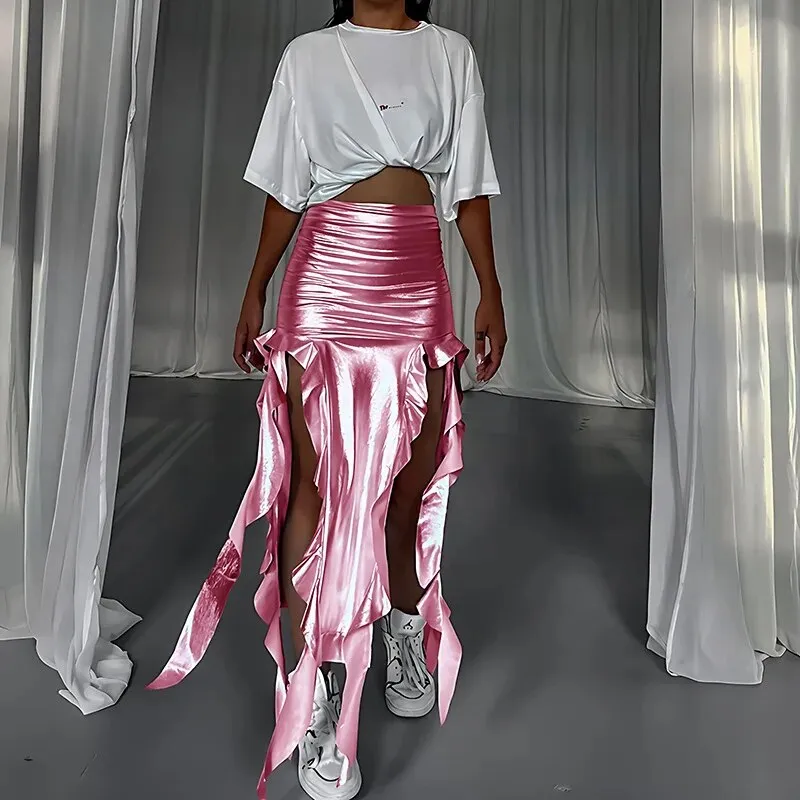 Tassel Summer Female Long Skirt Ruffled High Waist Broken High Split Fashion Pleated Sexy Solid Patchwork Maxi Skirt