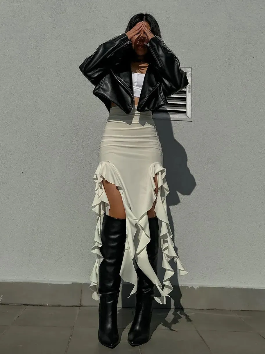 Tassel Summer Female Long Skirt Ruffled High Waist Broken High Split Fashion Pleated Sexy Solid Patchwork Maxi Skirt