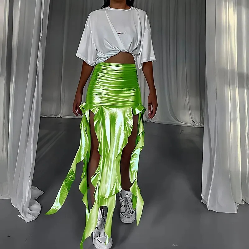 Tassel Summer Female Long Skirt Ruffled High Waist Broken High Split Fashion Pleated Sexy Solid Patchwork Maxi Skirt