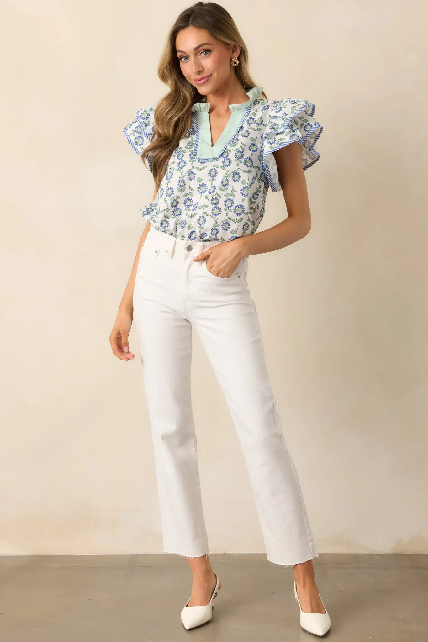 The More The Merrier Green Floral Cotton Flutter Sleeve Top
