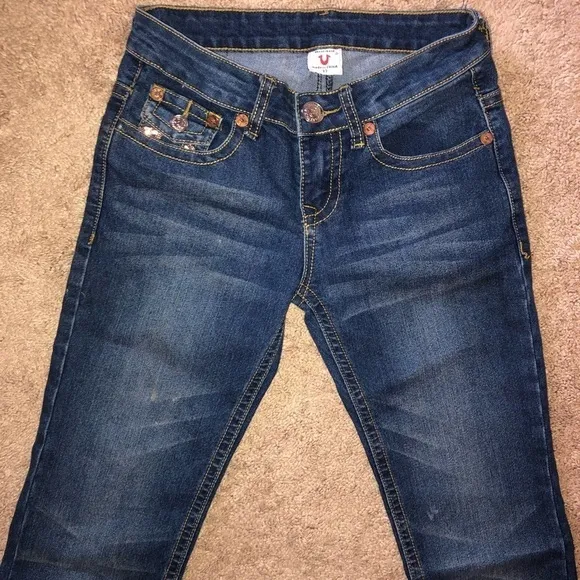 True Religion Women’s “Julie” Dark Wash Gold Sequin Jeans Size 27