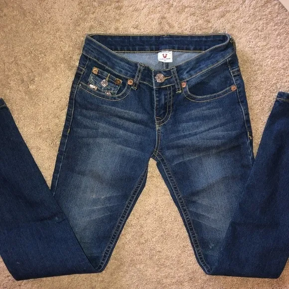 True Religion Women’s “Julie” Dark Wash Gold Sequin Jeans Size 27