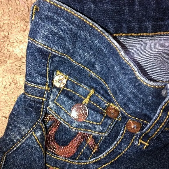 True Religion Women’s “Julie” Dark Wash Gold Sequin Jeans Size 27