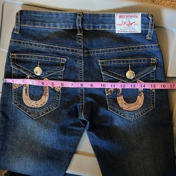 True Religion Women’s “Julie” Dark Wash Gold Sequin Jeans Size 27