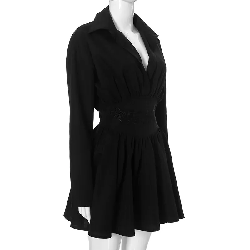 Turn-down Collar Pleated Mini Dress