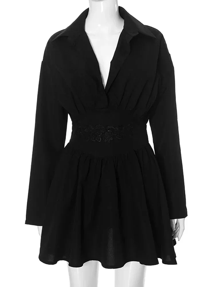 Turn-down Collar Pleated Mini Dress