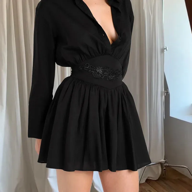 Turn-down Collar Pleated Mini Dress