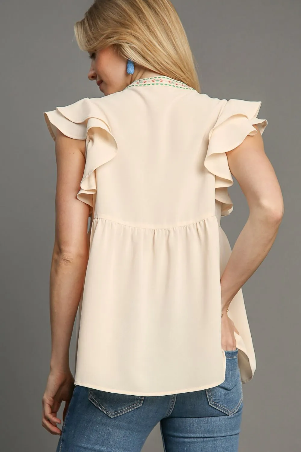 Umgee Embroidery Notched Double Ruffle Sleeve Blouse