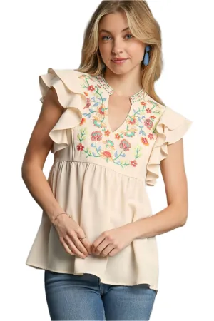 Umgee Embroidery Notched Double Ruffle Sleeve Blouse
