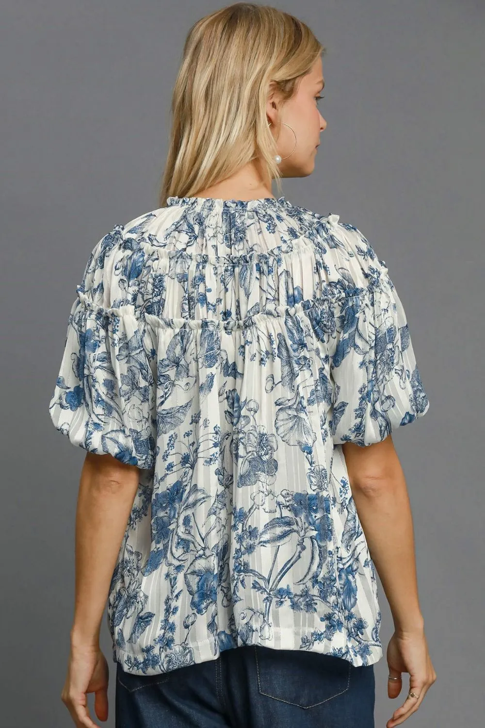 Umgee Floral Print Metallic Ruffle Blouse