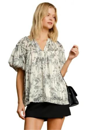 Umgee Floral Print Metallic Ruffle Blouse
