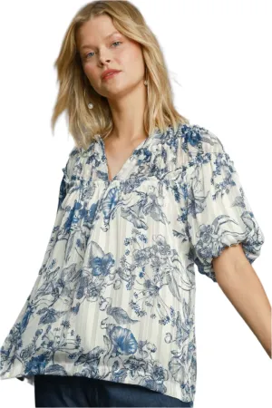 Umgee Floral Print Metallic Ruffle Blouse