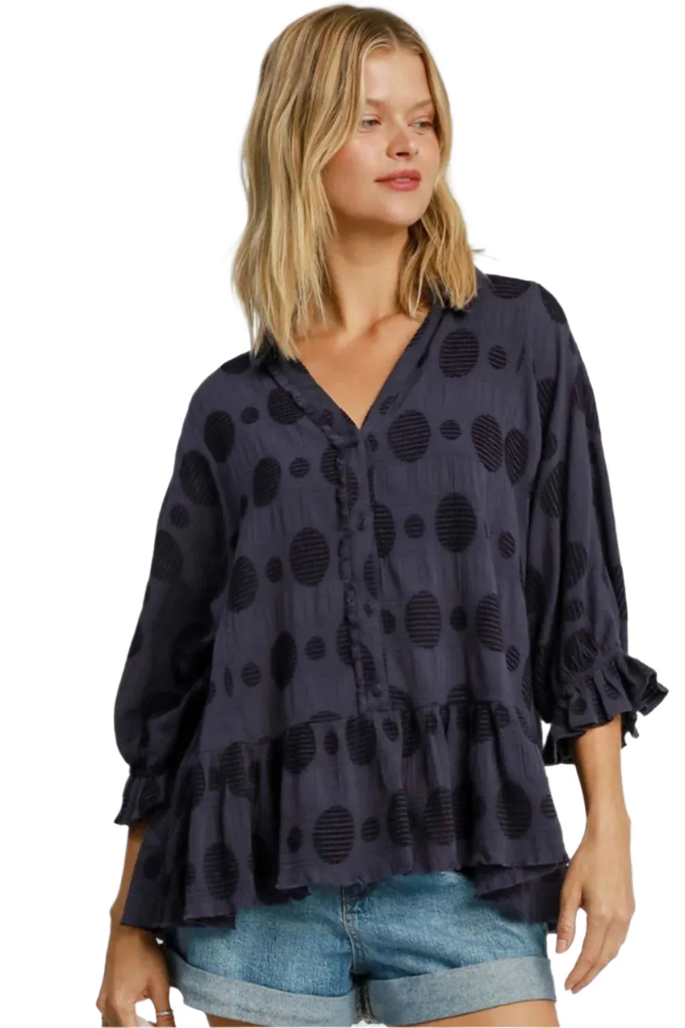 Umgee Swiss Dot Half Button Flounce Sleeve Blouse