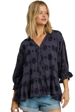 Umgee Swiss Dot Half Button Flounce Sleeve Blouse