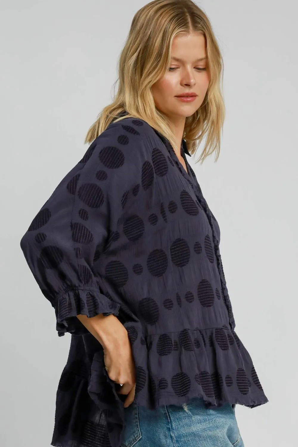 Umgee Swiss Dot Half Button Flounce Sleeve Blouse