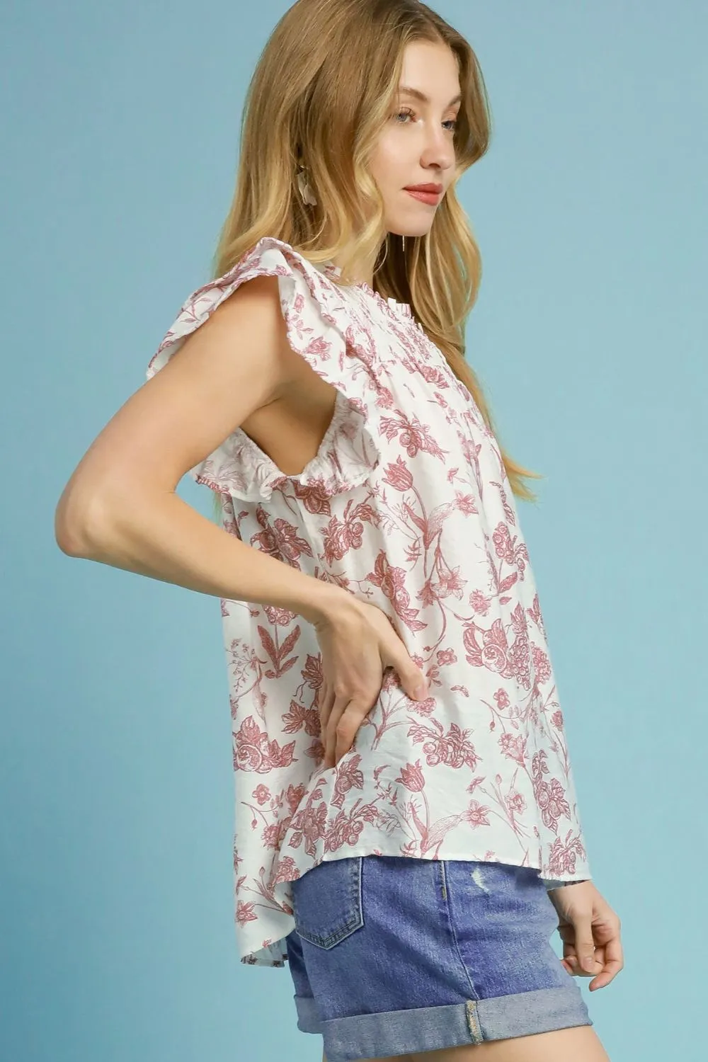 Umgee Two Tone Boxy Cut Floral Print Blouse
