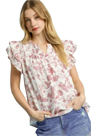 Umgee Two Tone Boxy Cut Floral Print Blouse