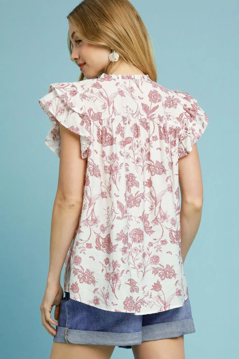 Umgee Two Tone Boxy Cut Floral Print Blouse