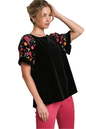 Umgee Velvet Embroidery Short Sleeve Blouse