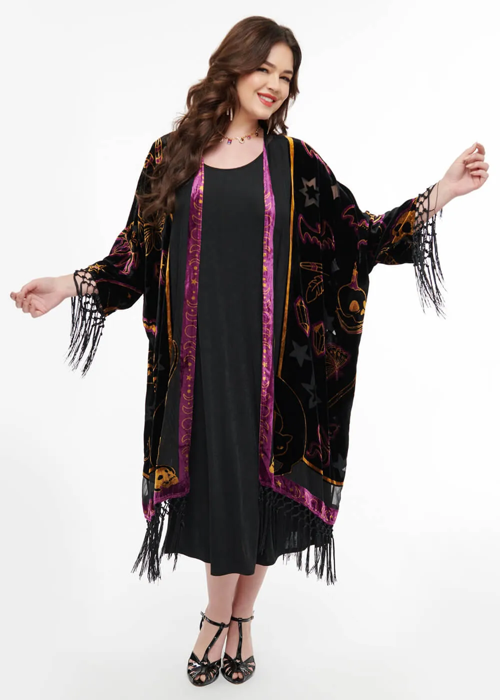 Unique Vintage Mystical Icons Burnout 20's Kimono Zwart
