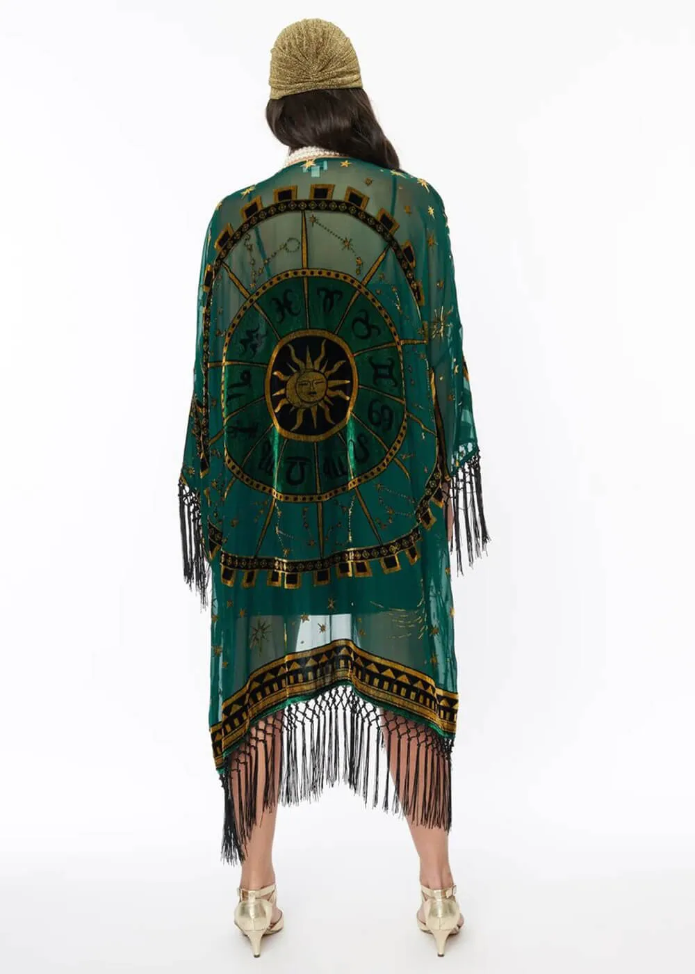Unique Vintage Zodiac Fringe 20's Kimono Groen
