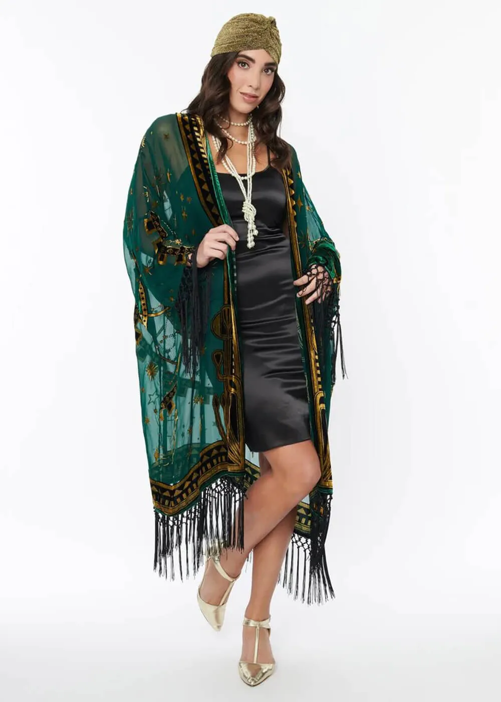 Unique Vintage Zodiac Fringe 20's Kimono Groen