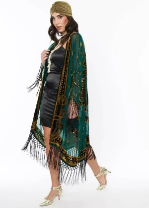 Unique Vintage Zodiac Fringe 20's Kimono Groen