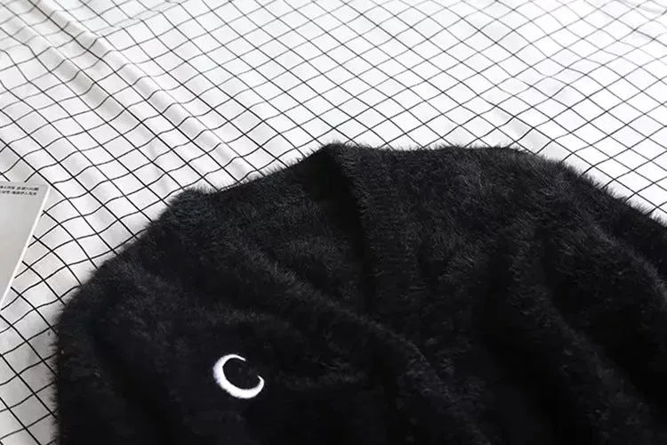 V-neck Single-breasted Knit Moon Shape Crop Tops Cardigans