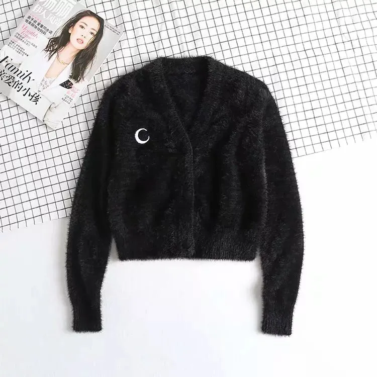 V-neck Single-breasted Knit Moon Shape Crop Tops Cardigans