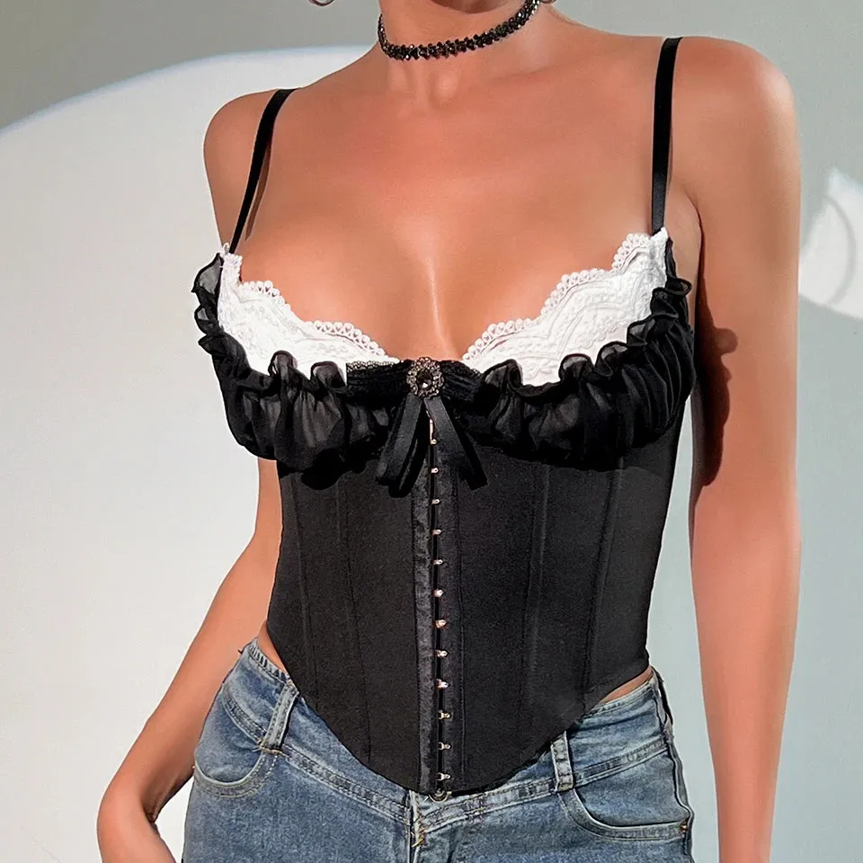 Vemina Y2K Lace Pleated Halter Crop Top