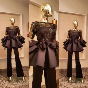 vintage bridal jumpsuit for weddings black Lace Applique beaded pant suit for women evening party dress