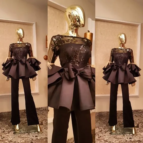 vintage bridal jumpsuit for weddings black Lace Applique beaded pant suit for women evening party dress