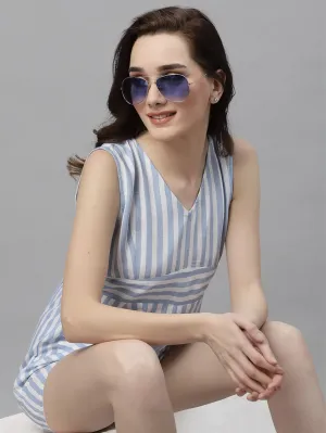 White Blue Stripe V-Neck Sleeveless Playsuit