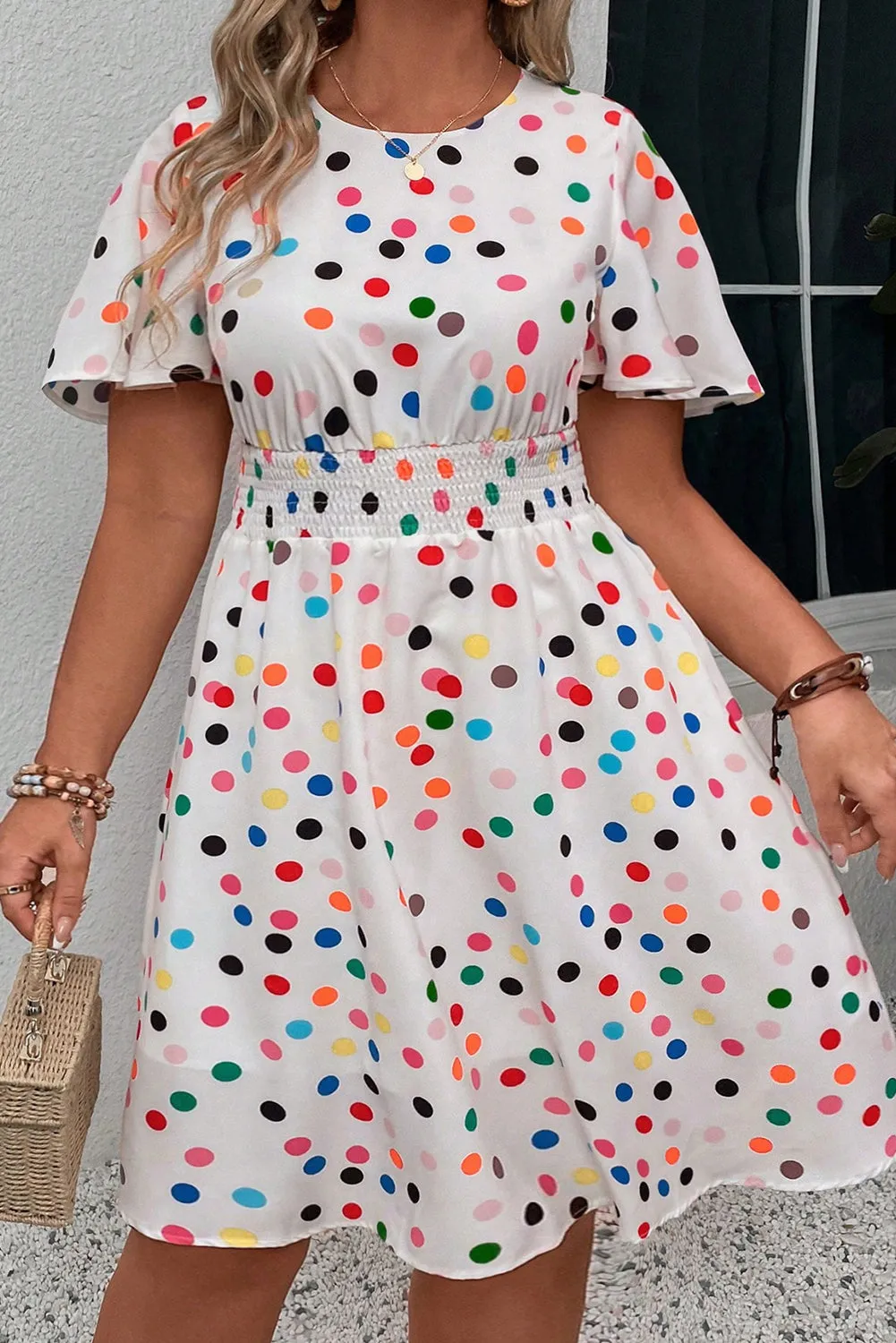 White Colorful Polka Dot Short Sleeve Tiered Ruffled Babydoll Blouse
