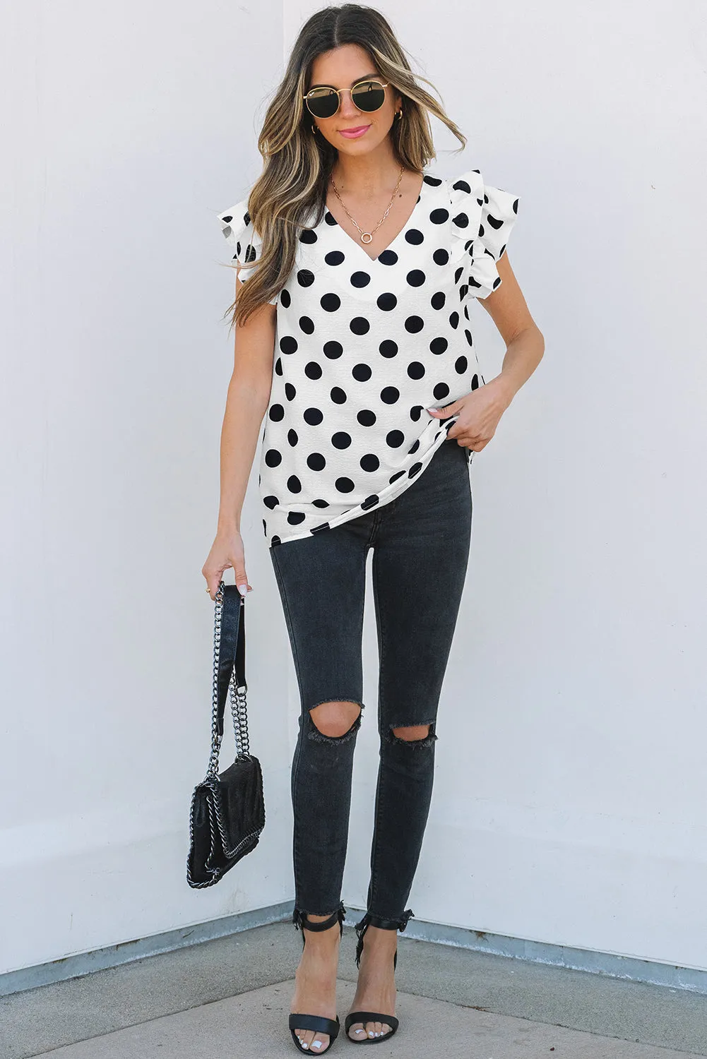 White Polka Dot Print Ruffled Sleeve V Neck Blouse