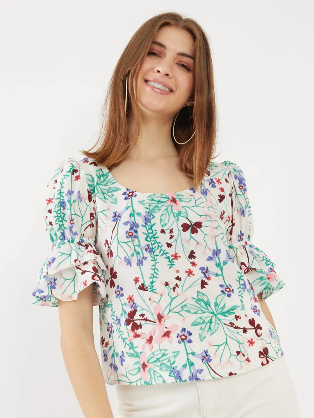 White Printed Ruffled Top