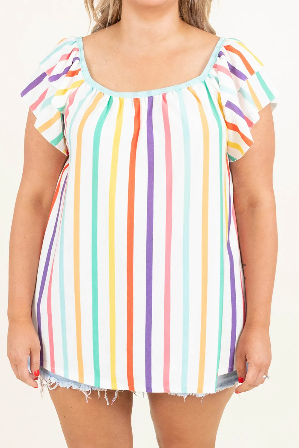 White Stripe Ruffled Sleeve Square Neck Plus Size Blouse
