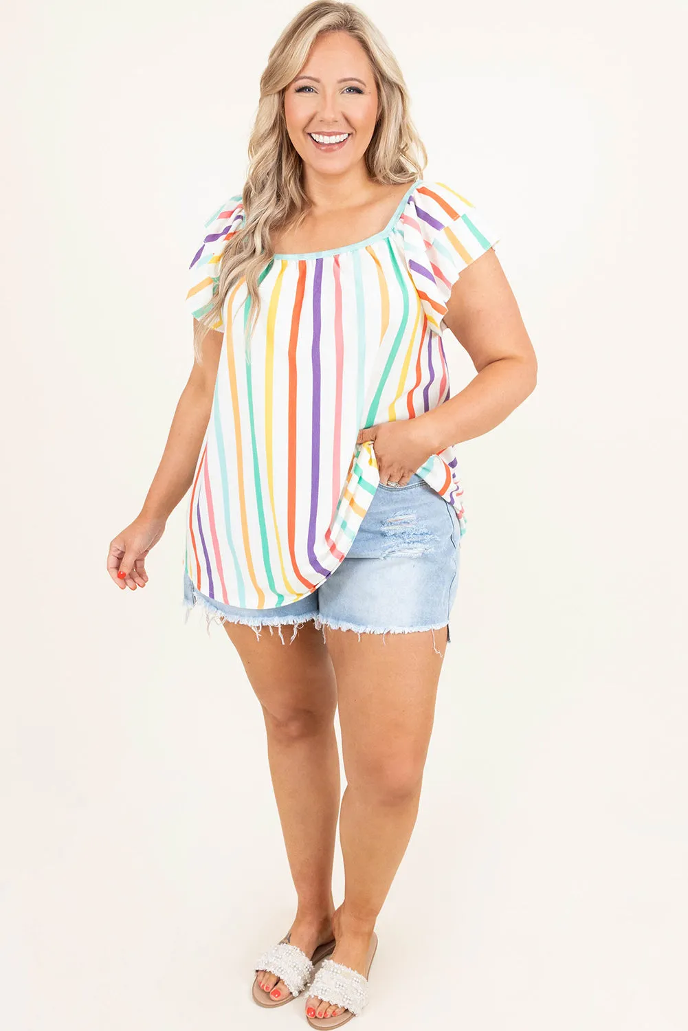 White Stripe Ruffled Sleeve Square Neck Plus Size Blouse