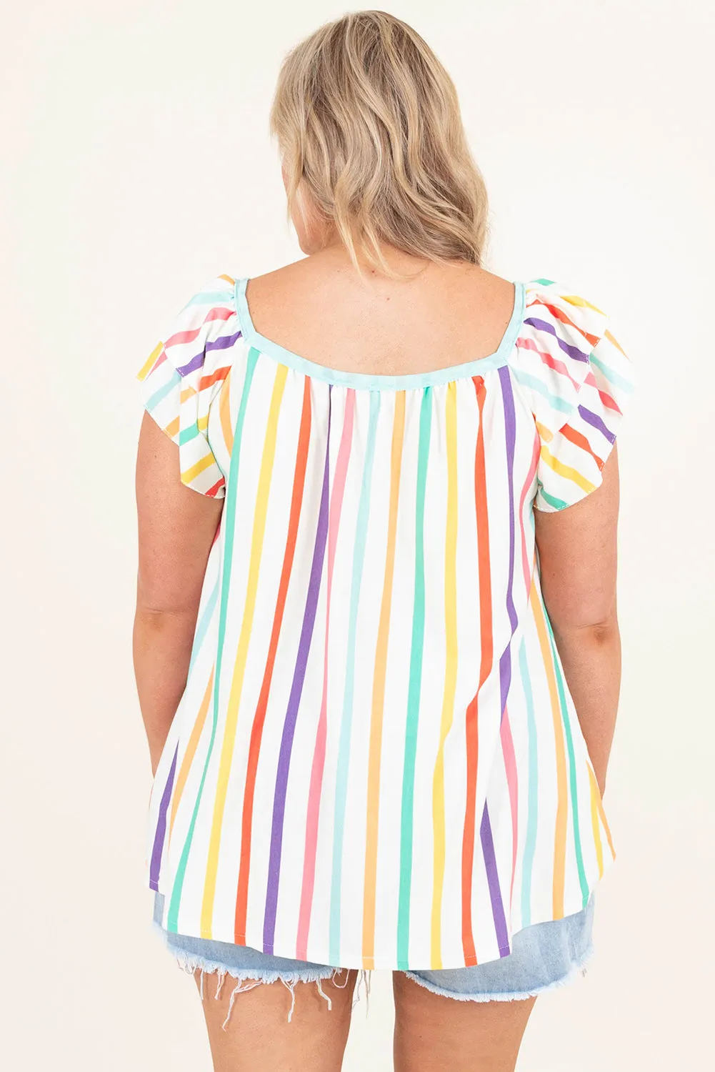 White Stripe Ruffled Sleeve Square Neck Plus Size Blouse